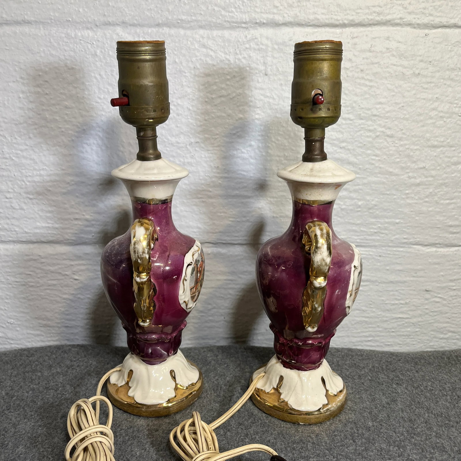 Pair of Mid 20th Century Smaller French Victorian Style Porcelain Table Lamps - 4
