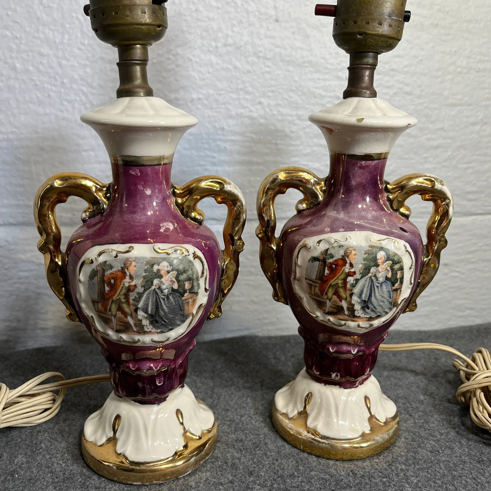 Pair of Mid 20th Century Smaller French Victorian Style Porcelain Table Lamps - 5