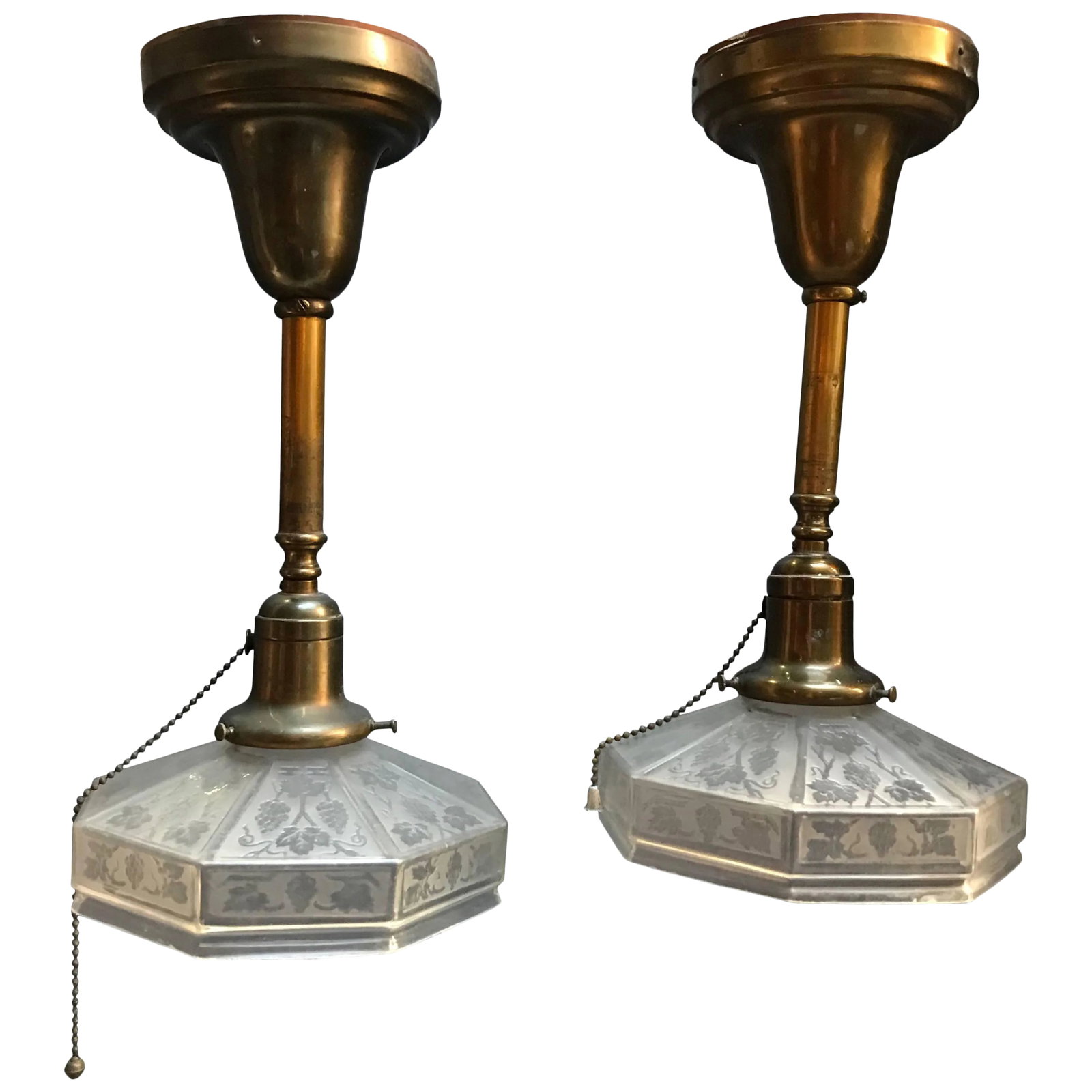 Industrial Etched Octagonal Glass Pendant Lights on Brass Poles - a Pair (1 of 7)