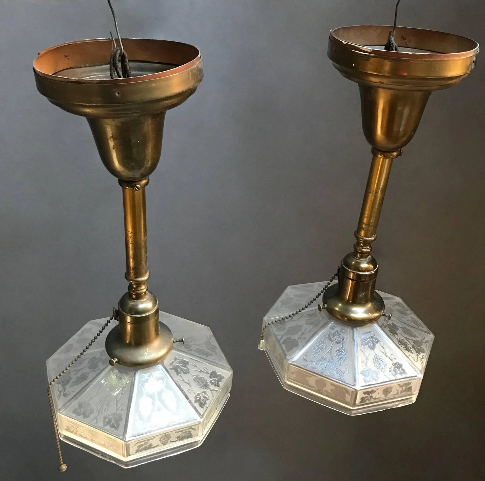 Industrial Etched Octagonal Glass Pendant Lights on Brass Poles - a Pair - 2