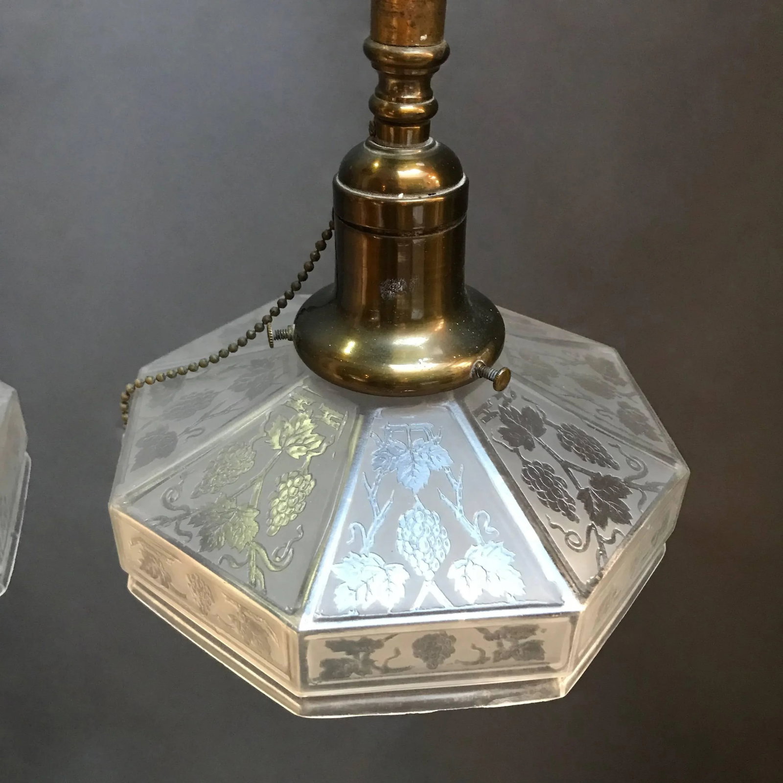 Industrial Etched Octagonal Glass Pendant Lights on Brass Poles - a Pair - 3