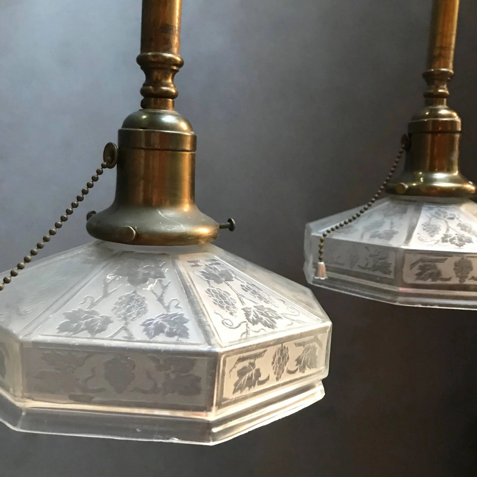 Industrial Etched Octagonal Glass Pendant Lights on Brass Poles - a Pair - 4