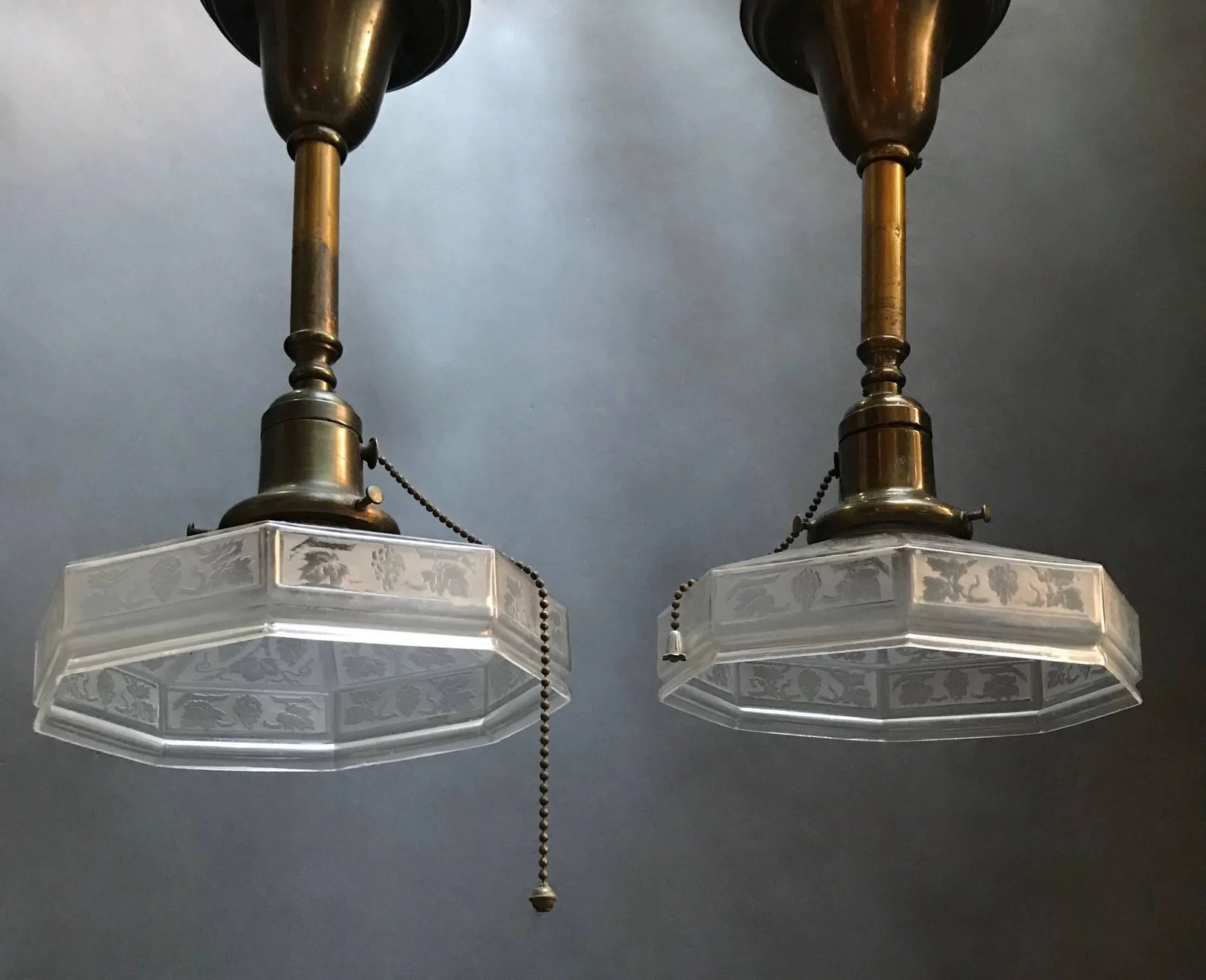 Industrial Etched Octagonal Glass Pendant Lights on Brass Poles - a Pair - 5