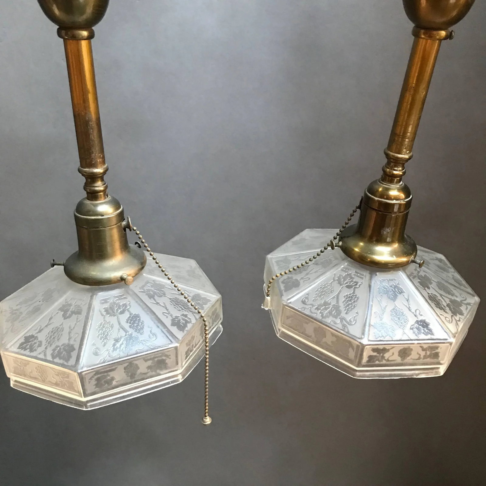 Industrial Etched Octagonal Glass Pendant Lights on Brass Poles - a Pair - 6