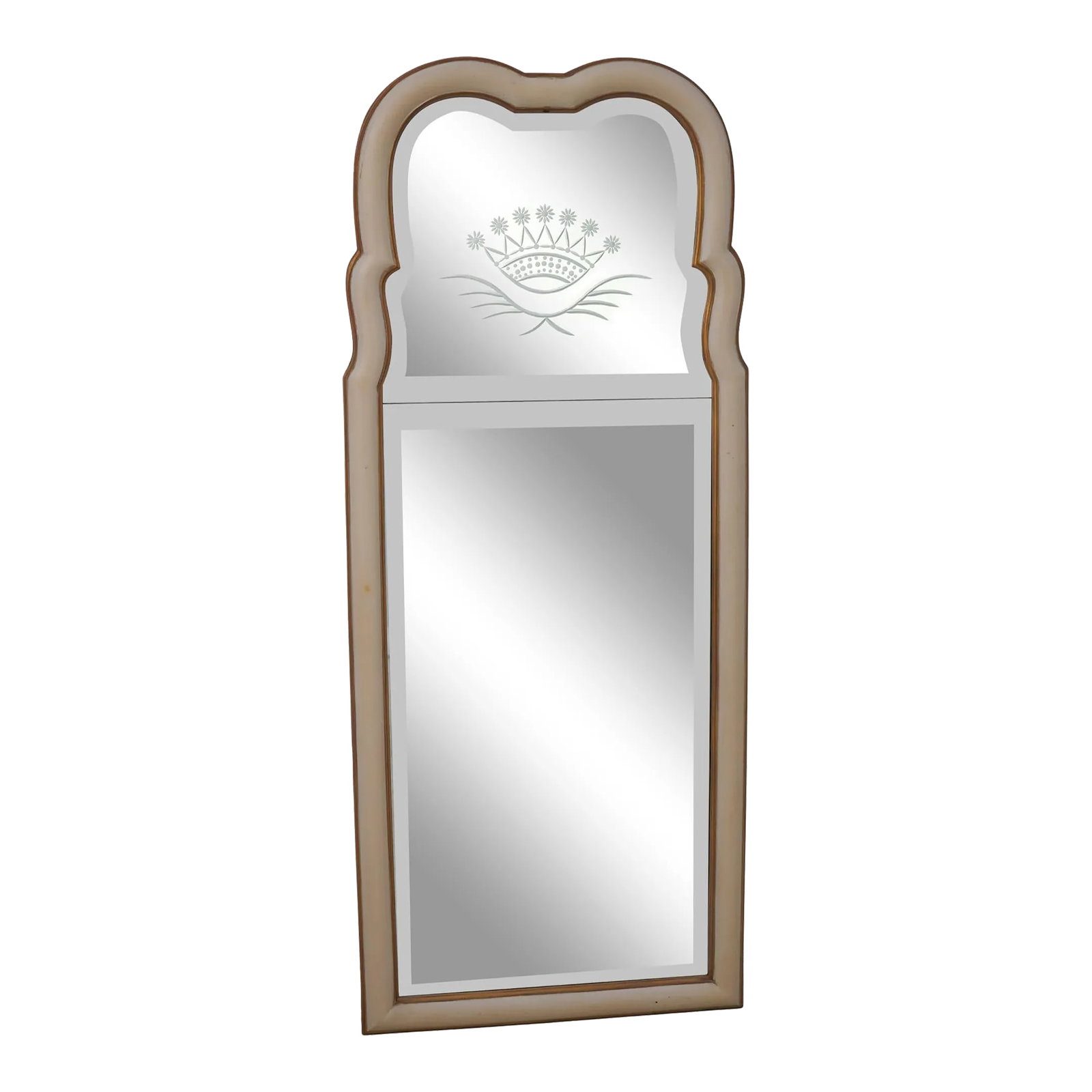 Queen Anne Design Beveled & Etched Glass Off White Mirror: Age: Approx: 25 Years Old Details: Queen Anne Design Etched Glass Top Double Beveled Glass Mirror Panels Off White 'Antique' Finish w. Gold Trim Un-Marked As To Manufacture Condition: Excellent