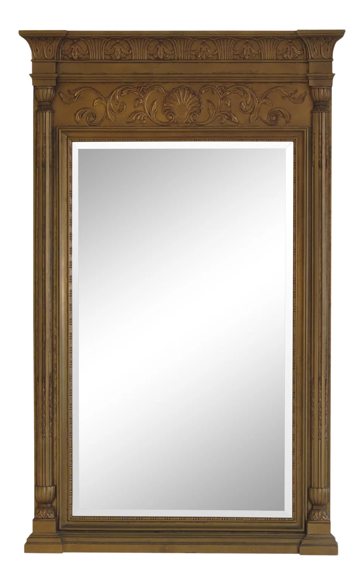 Regency Style Gold Decorated Beveled Glass Mirror: Approx: 40 Years Old Beveled Glass High Quality Construction Shell Carved Top Condition: Excellent Original Finish & Condition Size: 32w x 51h Condition: Alterations: Original Condition Unaltered
