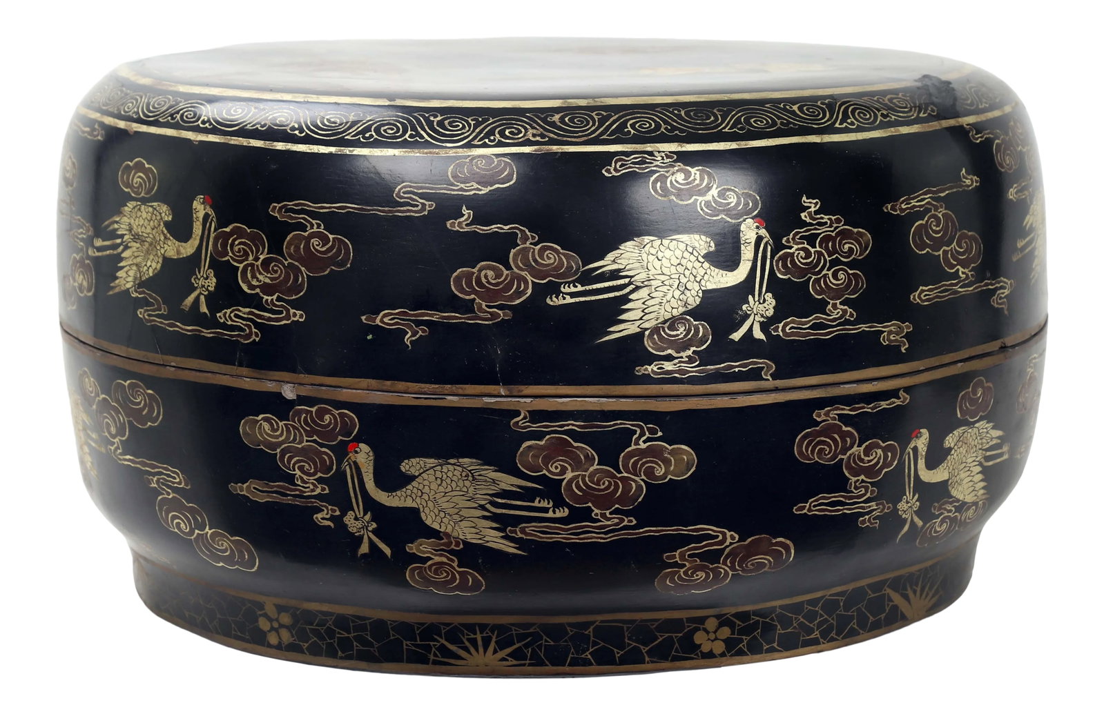 Chinese Qing Dynasty Dark Wood Drum Box Ottoman: Dark painted wooden drum box ottoman. The lid and the bottom are of the same size. Painted on the surface are oriental details such as cranes, clouds, and rocky cliffs with trees sprouting from the si