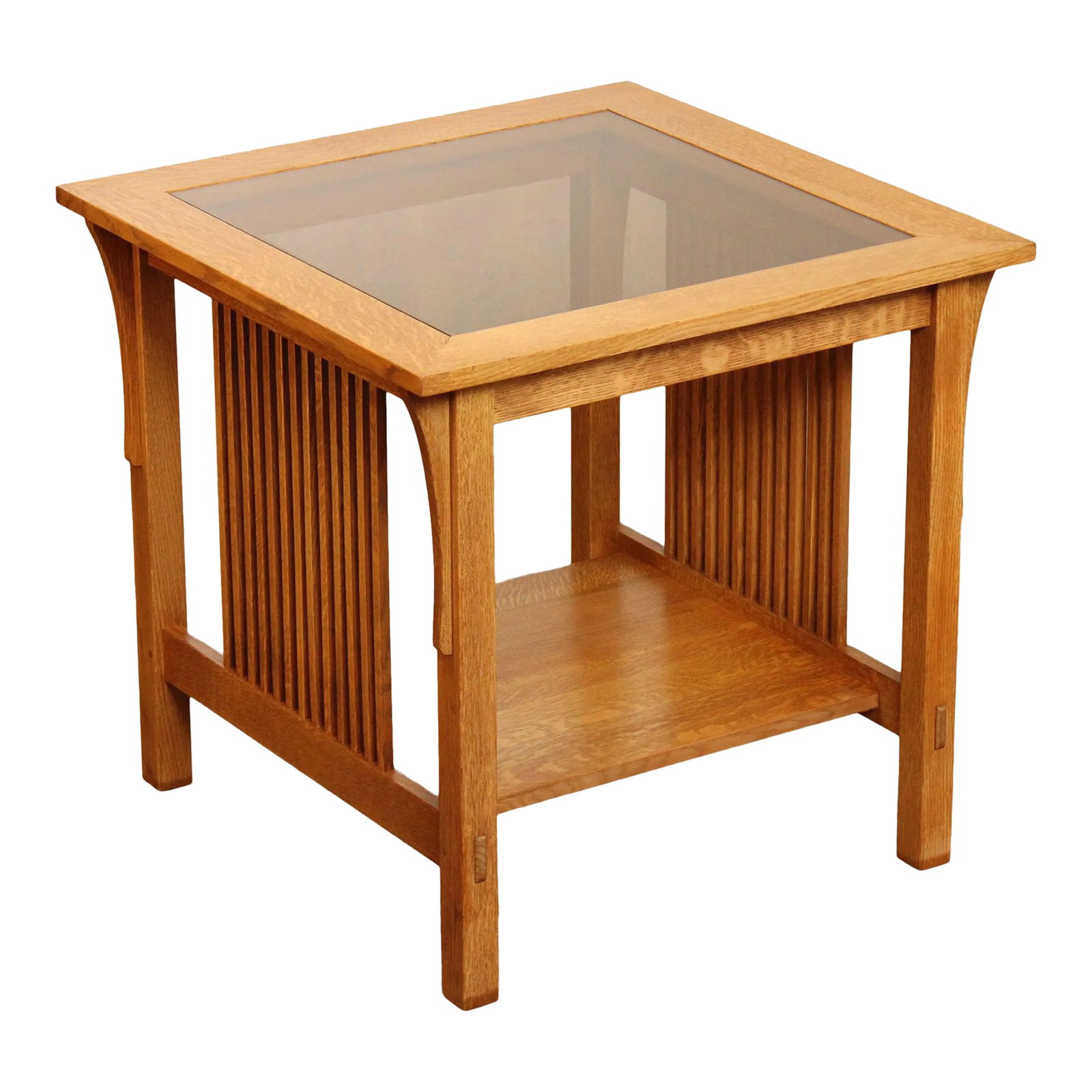 Stickley Mission Collection Oak and Glass Lamp Table: High Quality American Made Oak Two-Tier Side Table with Inset Glass Top and Spindled Sides Condition: Alterations: Unknown Imperfections: Some Imperfections Condition Notes: Clean vintage condition. m