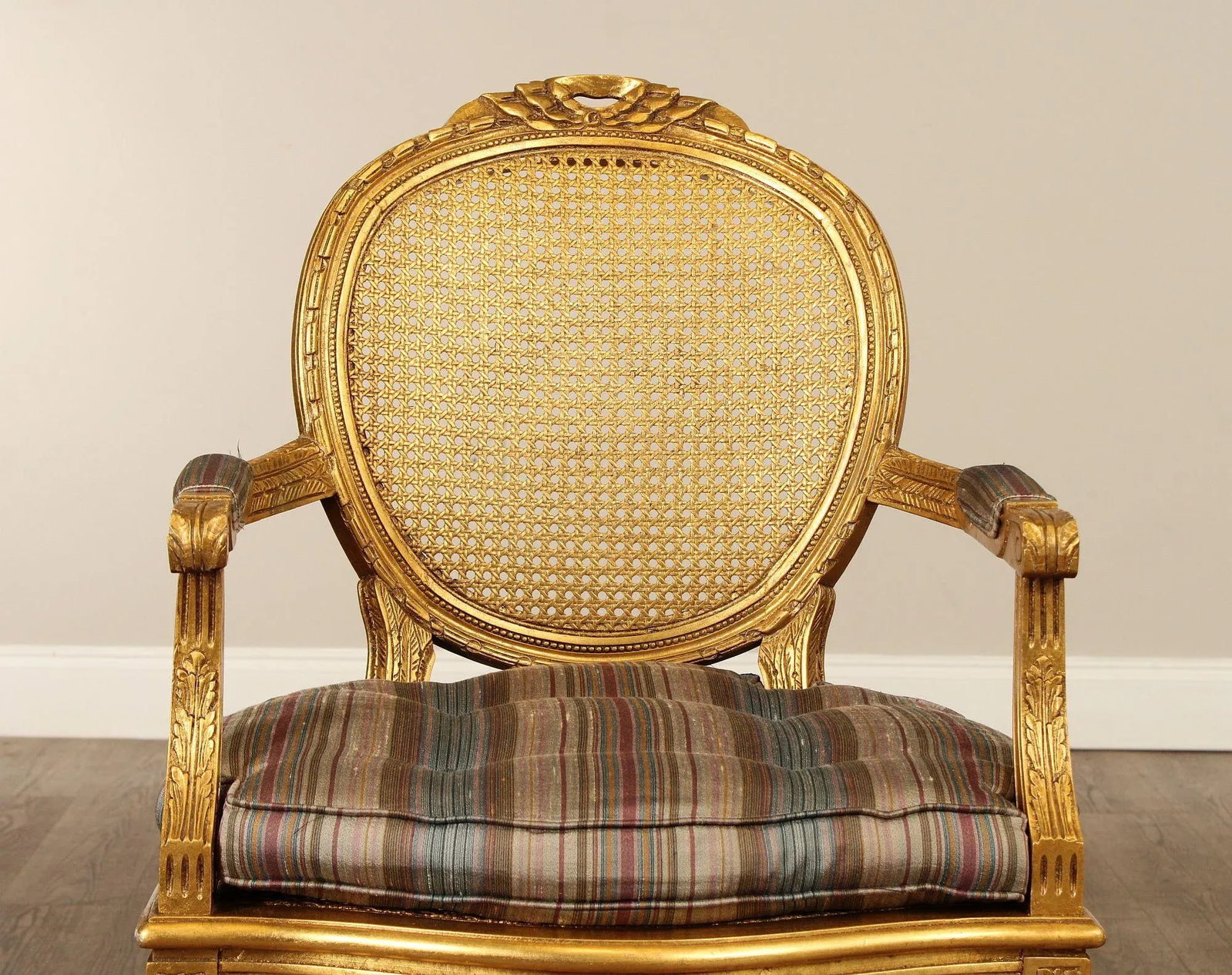 Decorative Crafts, Inc. Pair of French Louis XVI Style Caned Giltwood Fauteuil Armchairs - 12