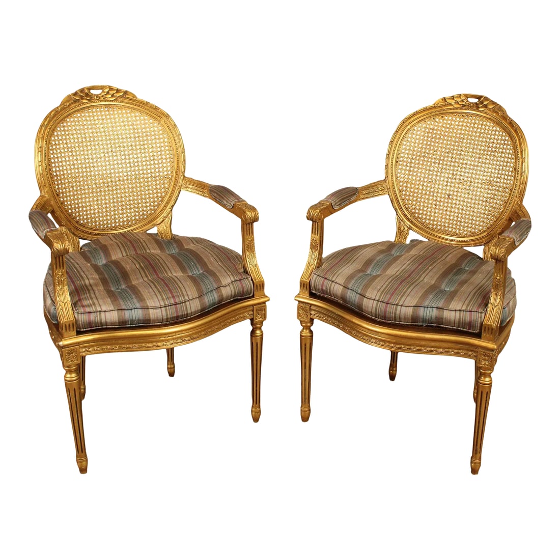 Decorative Crafts, Inc. Pair of French Louis XVI Style Caned Giltwood Fauteuil Armchairs (1 of 12)