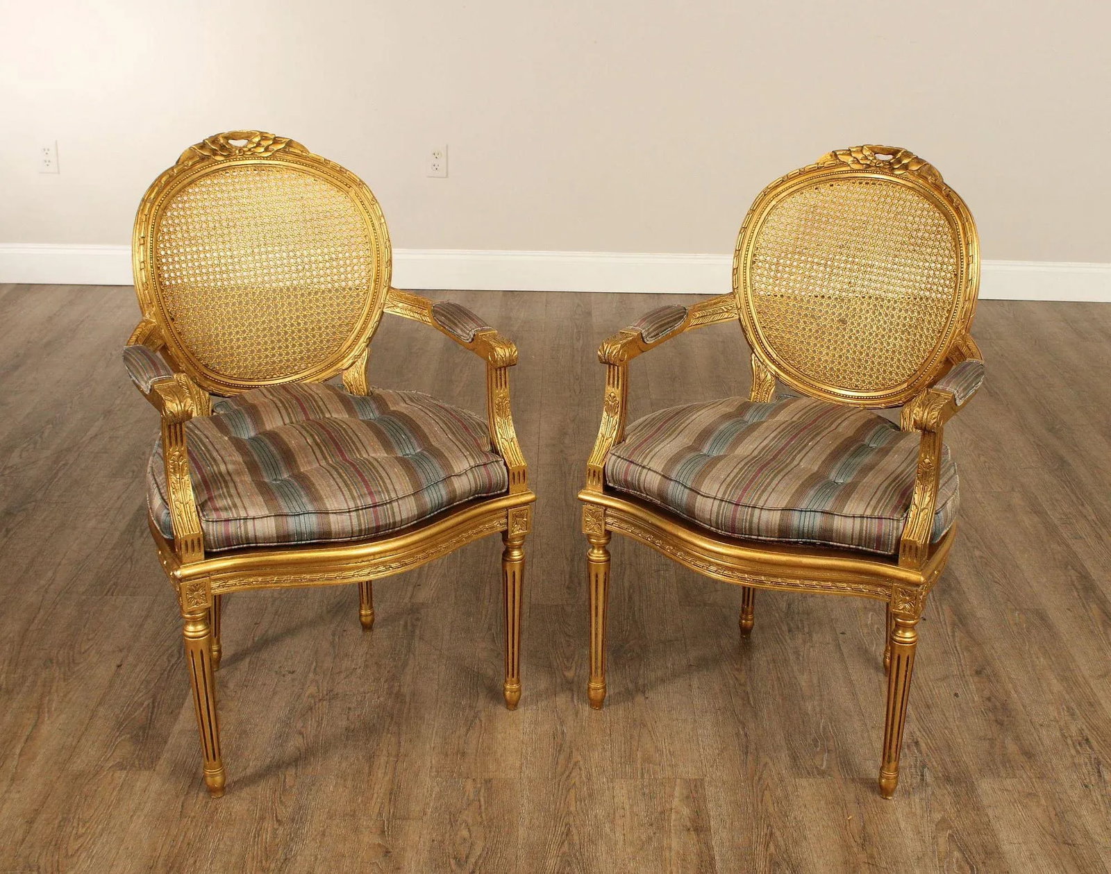 Decorative Crafts, Inc. Pair of French Louis XVI Style Caned Giltwood Fauteuil Armchairs - 2