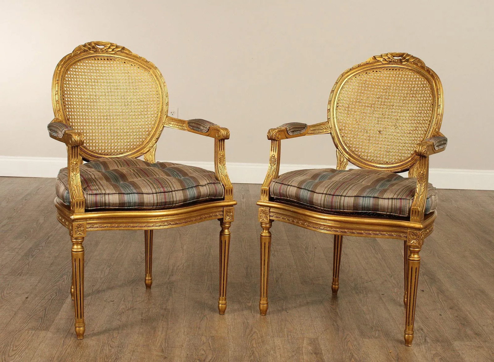 Decorative Crafts, Inc. Pair of French Louis XVI Style Caned Giltwood Fauteuil Armchairs - 3