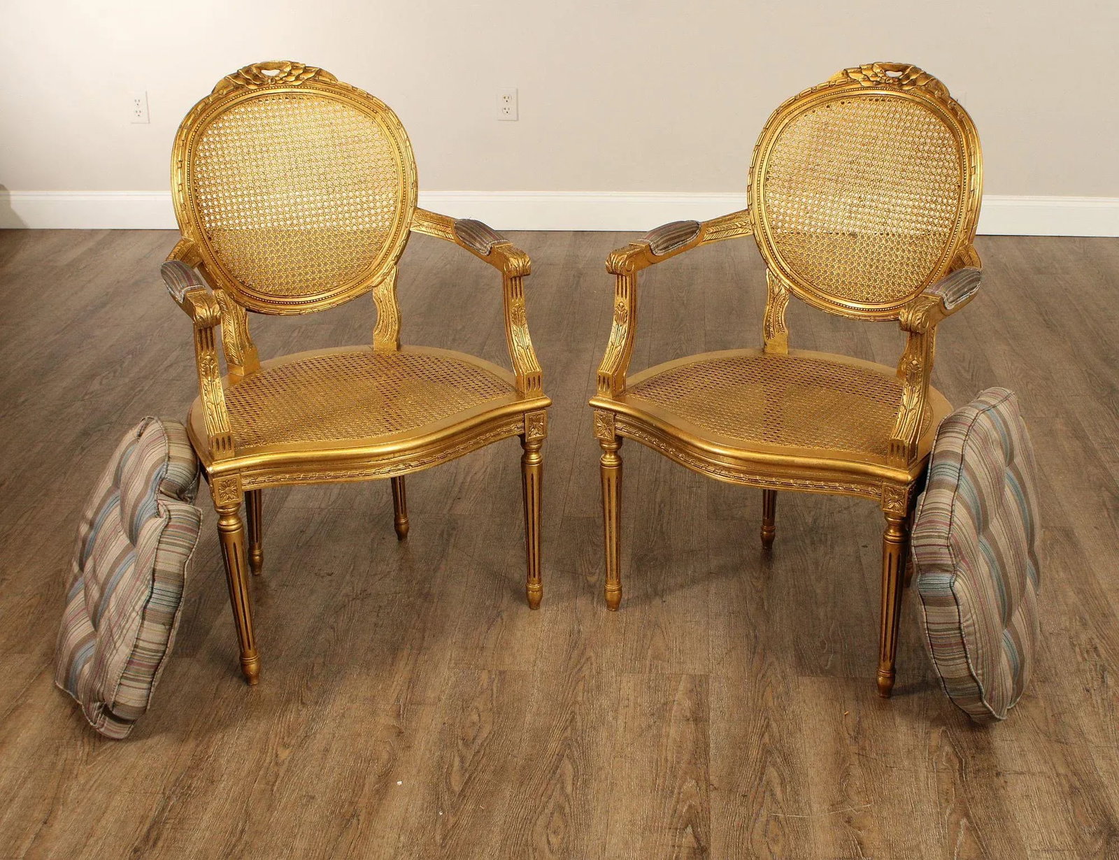Decorative Crafts, Inc. Pair of French Louis XVI Style Caned Giltwood Fauteuil Armchairs - 4