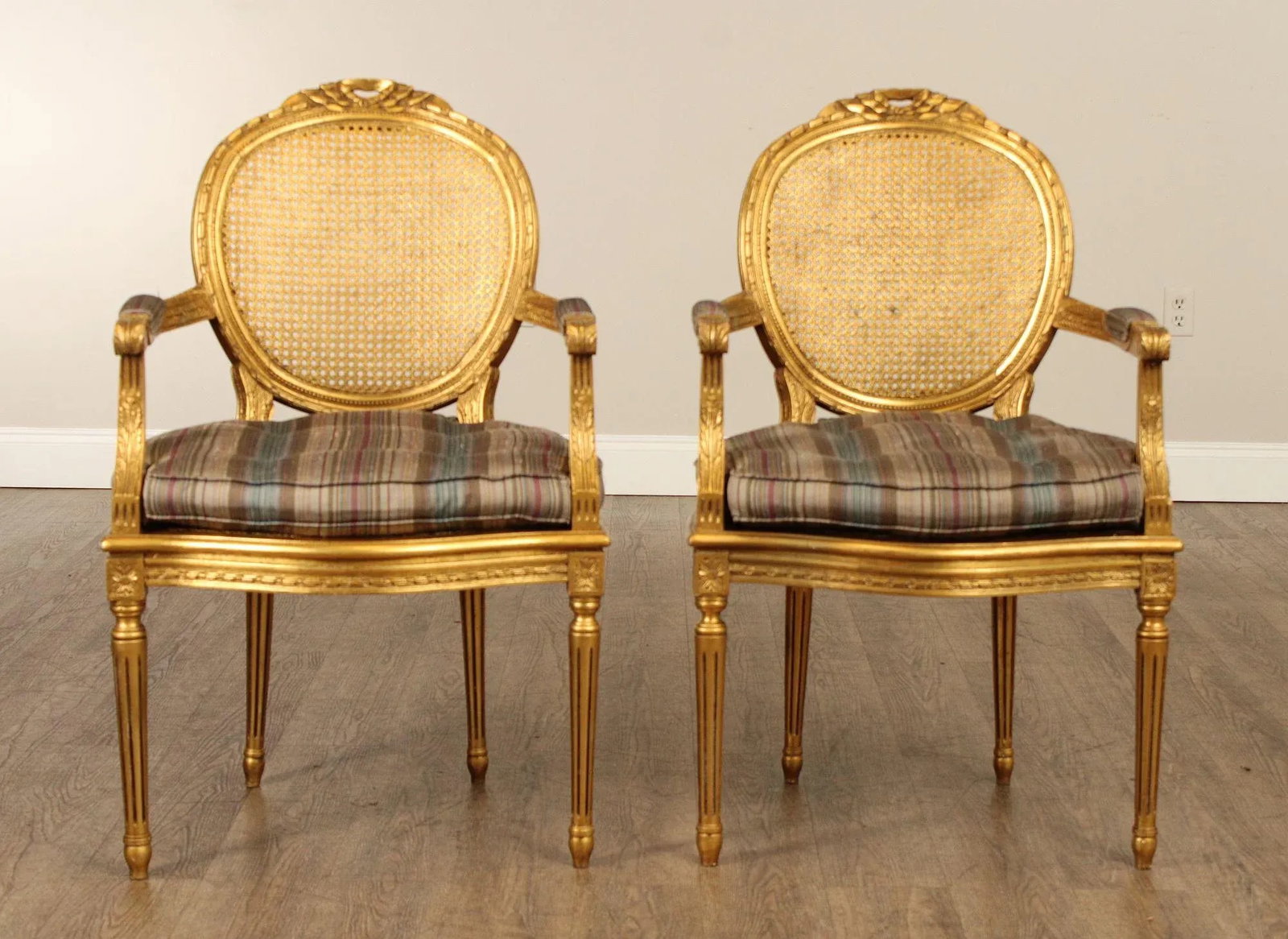 Decorative Crafts, Inc. Pair of French Louis XVI Style Caned Giltwood Fauteuil Armchairs - 5