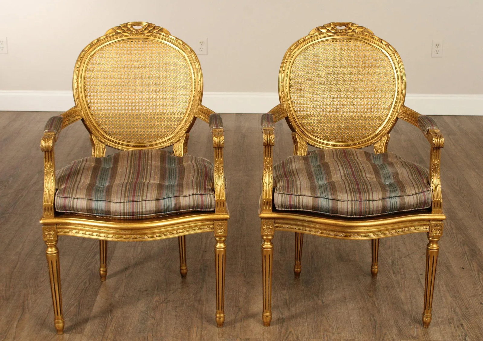 Decorative Crafts, Inc. Pair of French Louis XVI Style Caned Giltwood Fauteuil Armchairs - 6