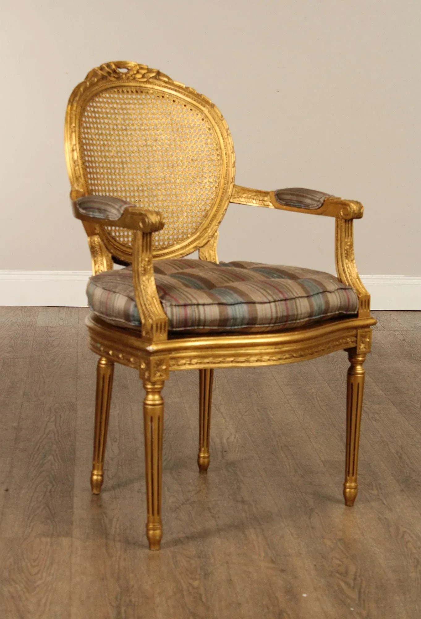 Decorative Crafts, Inc. Pair of French Louis XVI Style Caned Giltwood Fauteuil Armchairs - 7
