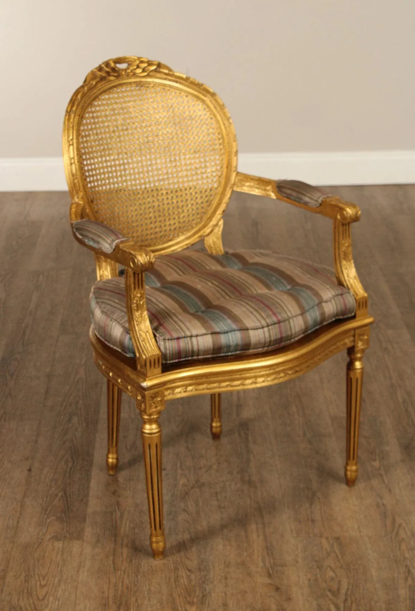 Decorative Crafts, Inc. Pair of French Louis XVI Style Caned Giltwood Fauteuil Armchairs - 8