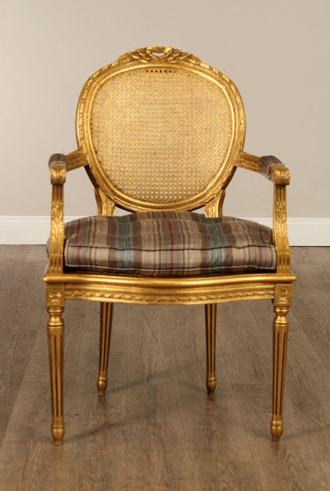 Decorative Crafts, Inc. Pair of French Louis XVI Style Caned Giltwood Fauteuil Armchairs - 9