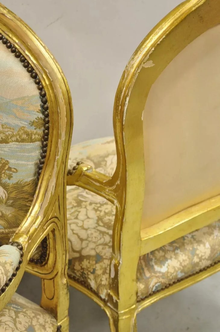 Vintage French Louis XV Style Gold Giltwood Tapestry Fabric Arm Chairs - a Pair - 10