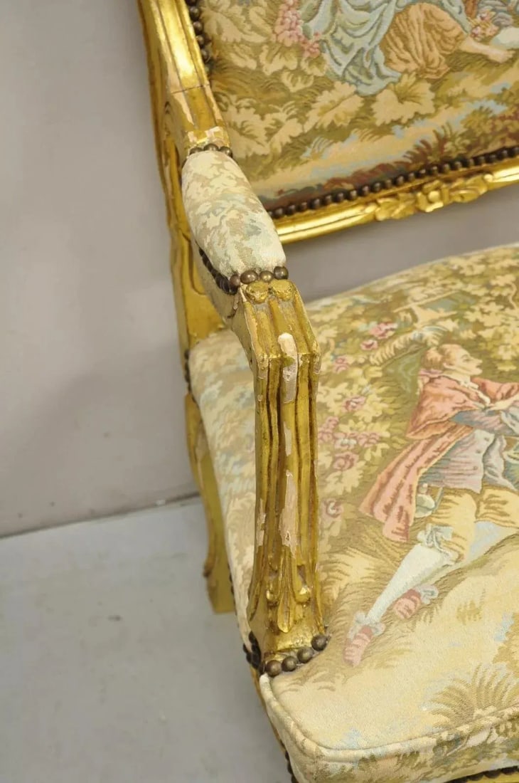 Vintage French Louis XV Style Gold Giltwood Tapestry Fabric Arm Chairs - a Pair - 11