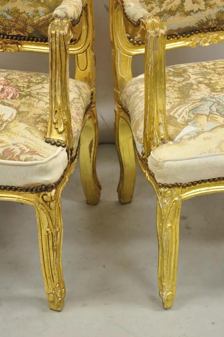 Vintage French Louis XV Style Gold Giltwood Tapestry Fabric Arm Chairs - a Pair - 12