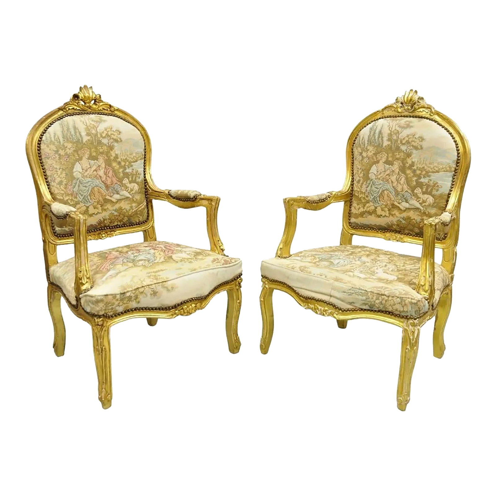 Vintage French Louis XV Style Gold Giltwood Tapestry Fabric Arm Chairs - a Pair: Vintage French Louis XV Style Gold Giltwood Tapestry Fabric Upholstered Arm Chairs - a Pair. Circa Late 20th Century. Measurements: 42.5" H x 26" W x 24.5" D x 17" Seat height x 26" Arm height.