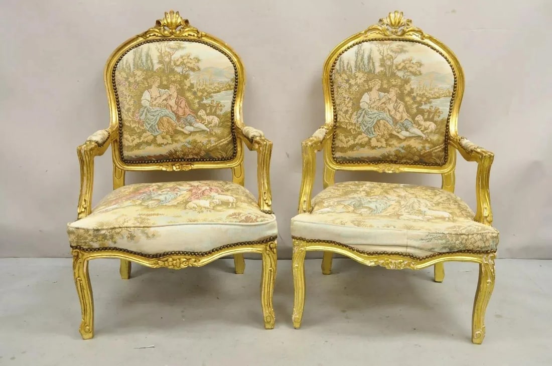 Vintage French Louis XV Style Gold Giltwood Tapestry Fabric Arm Chairs - a Pair - 2