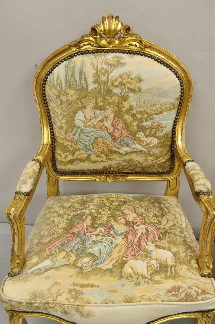 Vintage French Louis XV Style Gold Giltwood Tapestry Fabric Arm Chairs - a Pair - 3