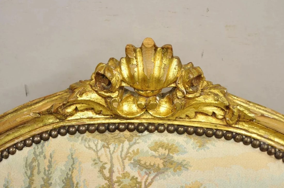 Vintage French Louis XV Style Gold Giltwood Tapestry Fabric Arm Chairs - a Pair - 4