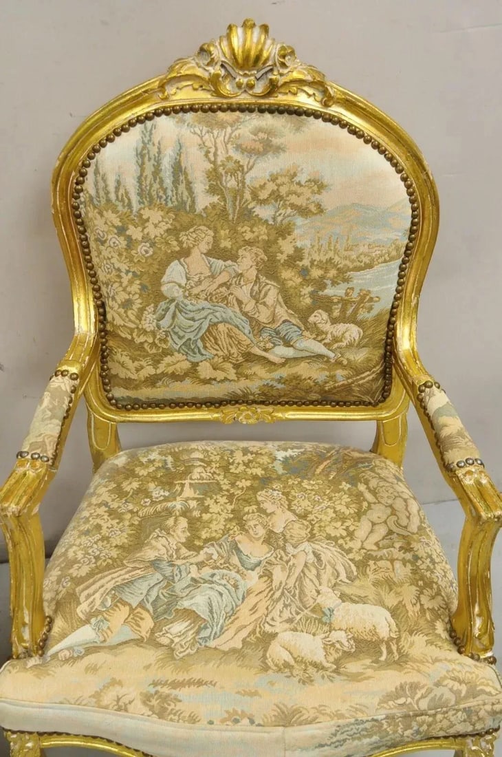 Vintage French Louis XV Style Gold Giltwood Tapestry Fabric Arm Chairs - a Pair - 5