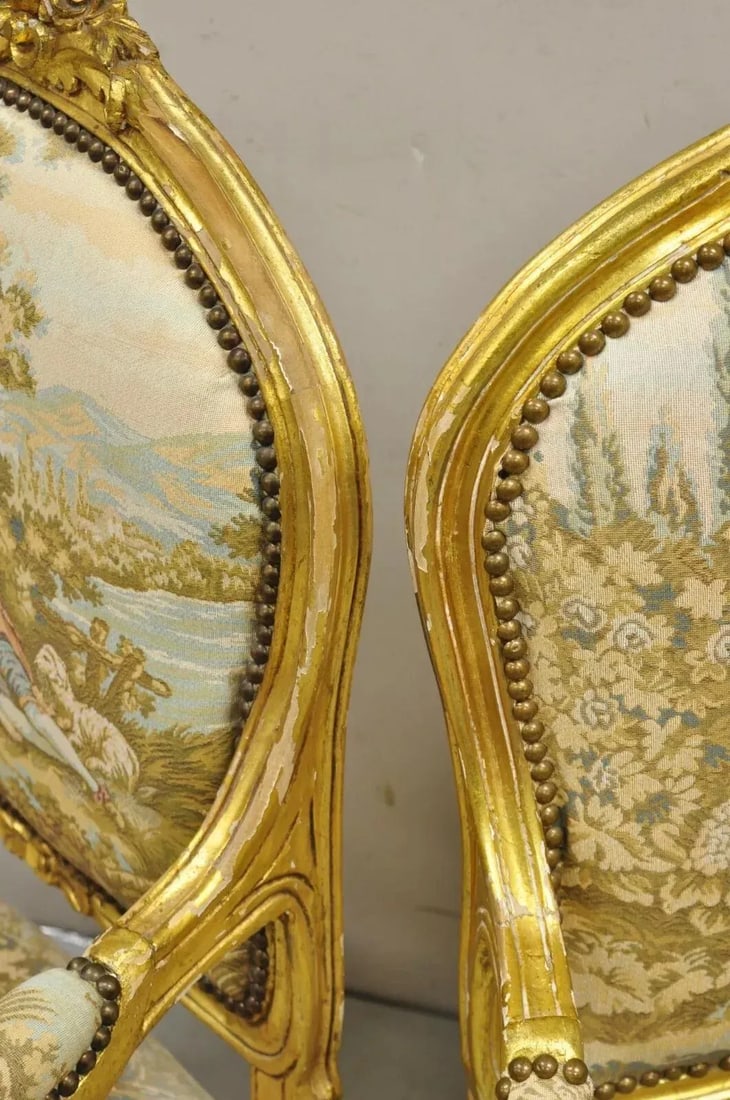 Vintage French Louis XV Style Gold Giltwood Tapestry Fabric Arm Chairs - a Pair - 6