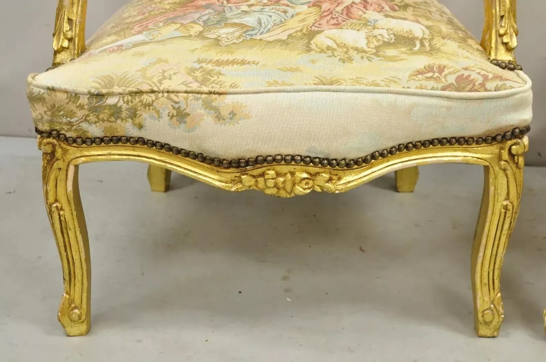 Vintage French Louis XV Style Gold Giltwood Tapestry Fabric Arm Chairs - a Pair - 7
