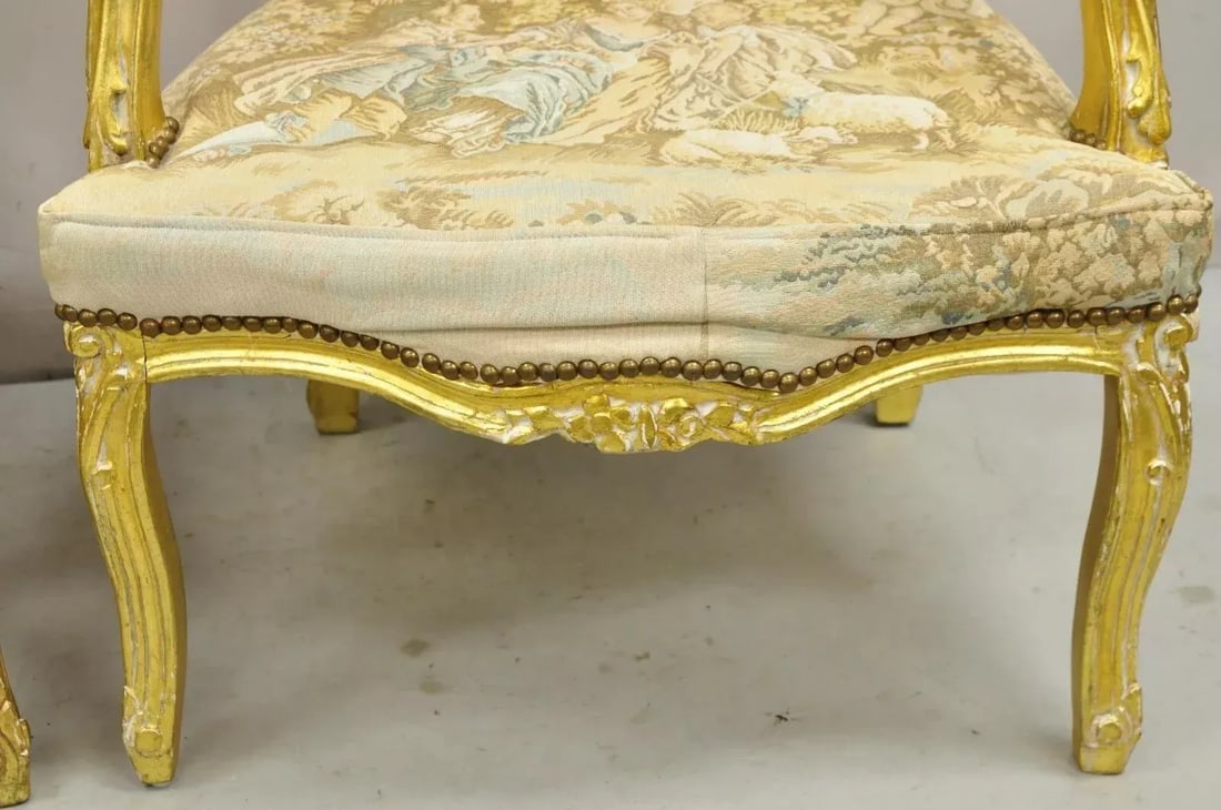 Vintage French Louis XV Style Gold Giltwood Tapestry Fabric Arm Chairs - a Pair - 8