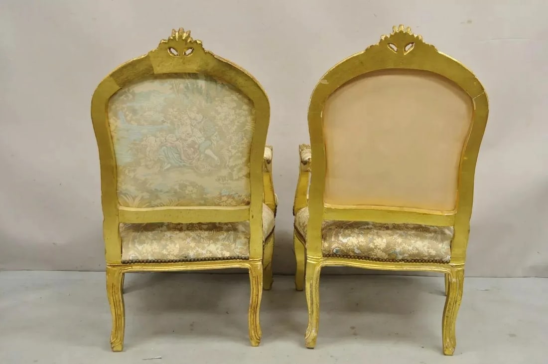 Vintage French Louis XV Style Gold Giltwood Tapestry Fabric Arm Chairs - a Pair - 9