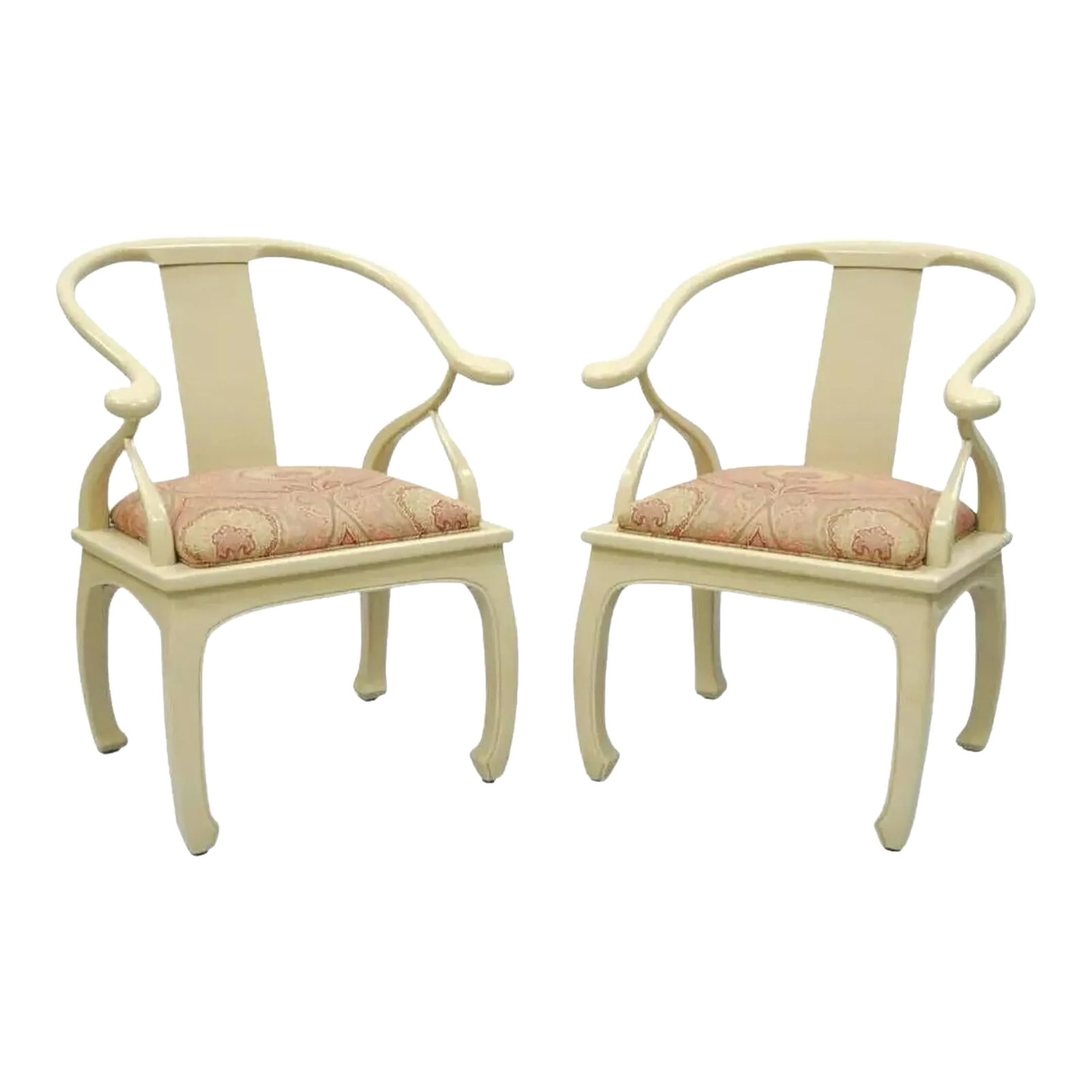 Late 20th Century Vintage Horseshoe Ming Style Cream Lacquered Lounge Chairs - a Pair: Pair of Vintage Cream Lacquered James Mont Style Ming Horseshoe Lounge Chairs. Item features solid wood frames, cream lacquered finish, horseshoe barrel backs, burgundy and gold upholstered seats,