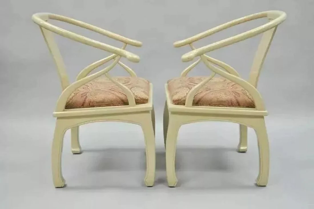 Late 20th Century Vintage Horseshoe Ming Style Cream Lacquered Lounge Chairs - a Pair - 5