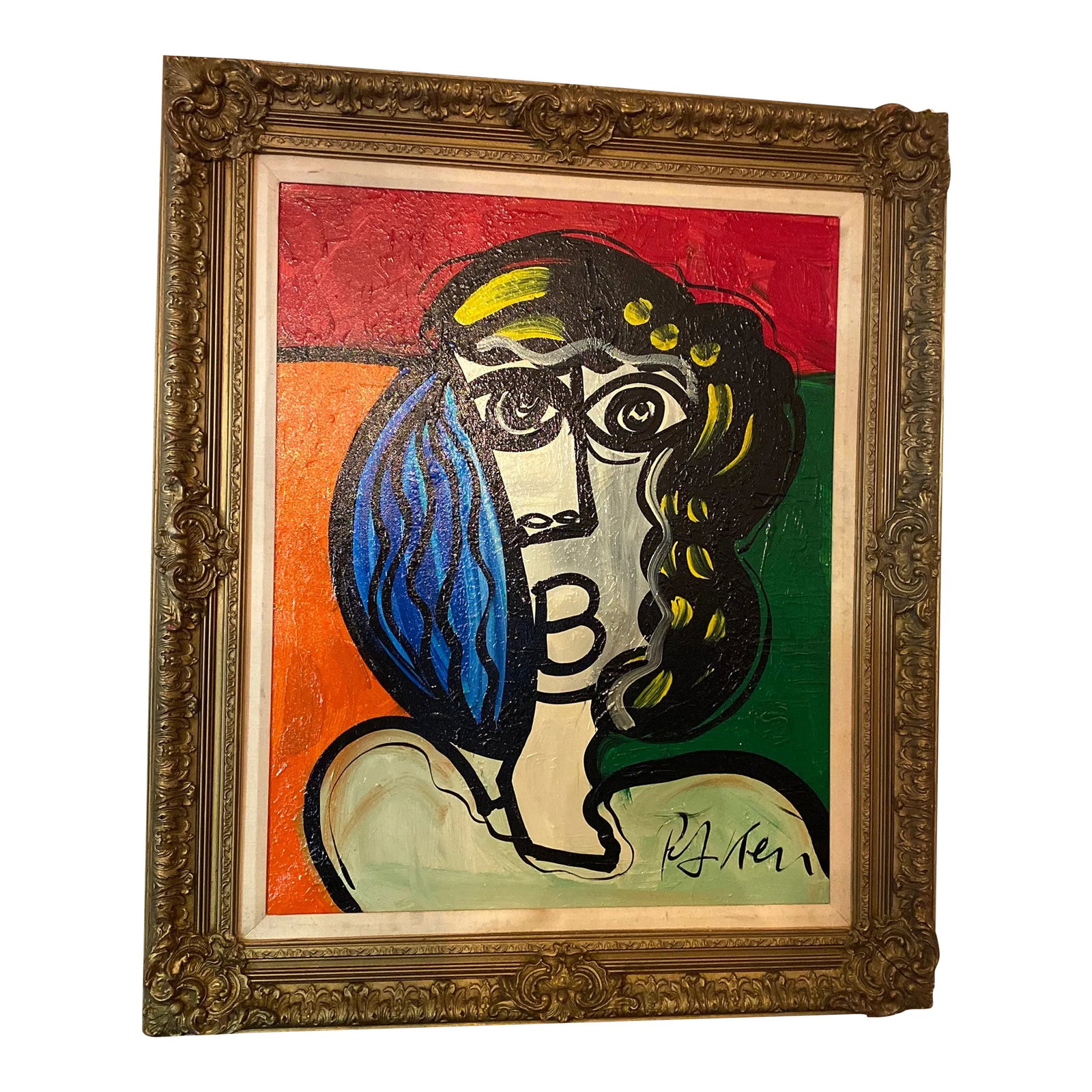 1960s Cubic Abstract Face Portrait Painting by Peter Keil, Framed: Peter Keil is a German artist that focuses primarily on abstract expressionism. Keil painted with some of the greats including Joan Miro, Pablo Picasso and Andy Warhol, to name a few. This is truly a