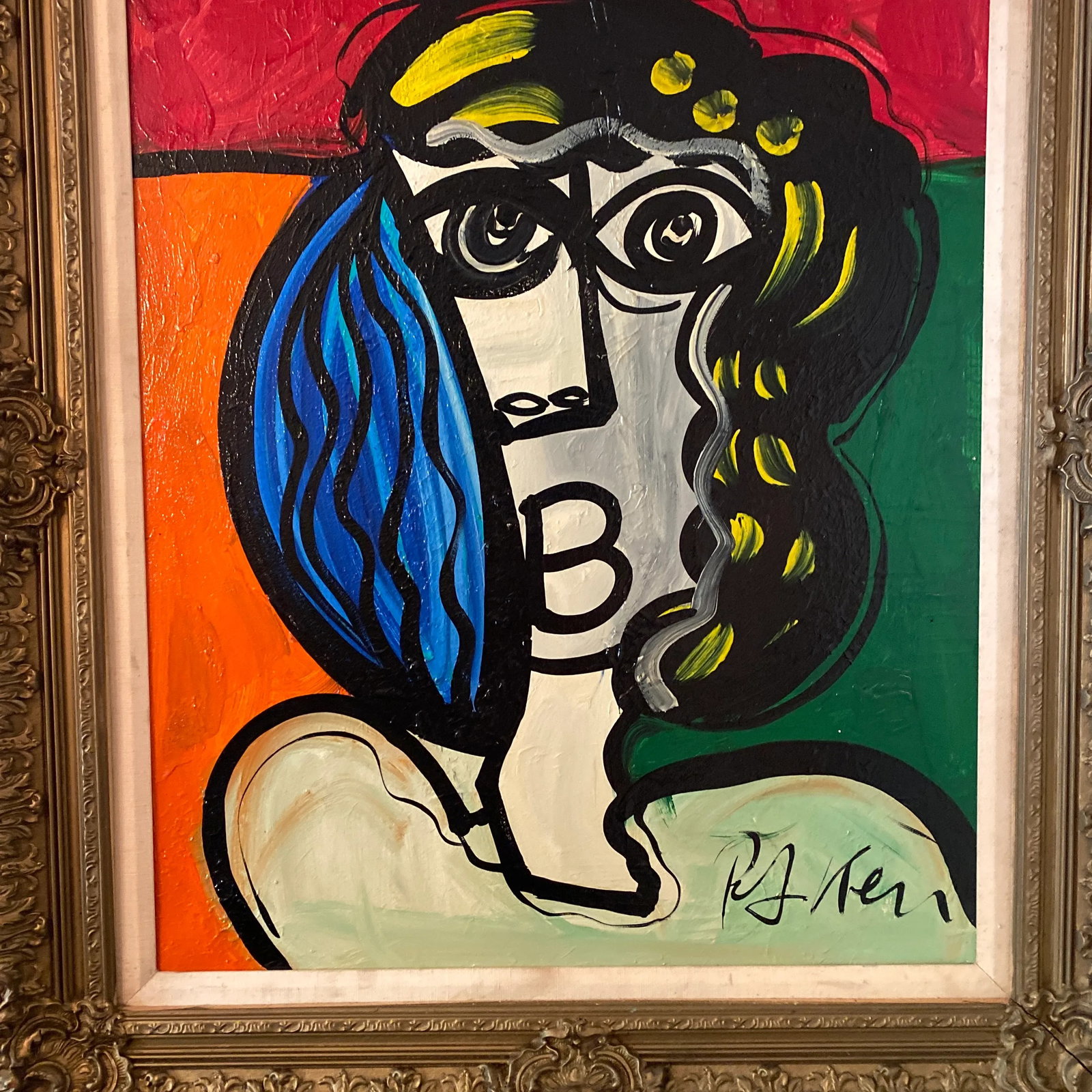 1960s Cubic Abstract Face Portrait Painting by Peter Keil, Framed - 7