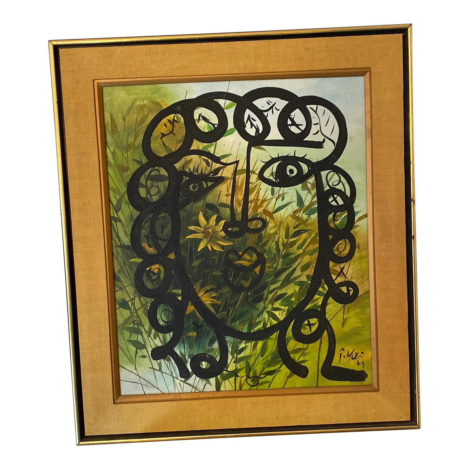 Abstract 1970s Painting by Peter Keil - Framed: Beautiful and very unusual Peter Keil painting, part of a resuse series! Peter painted a portrait ontop of a painting by another artist! Framed in a beautiful older style frame Fantastic original