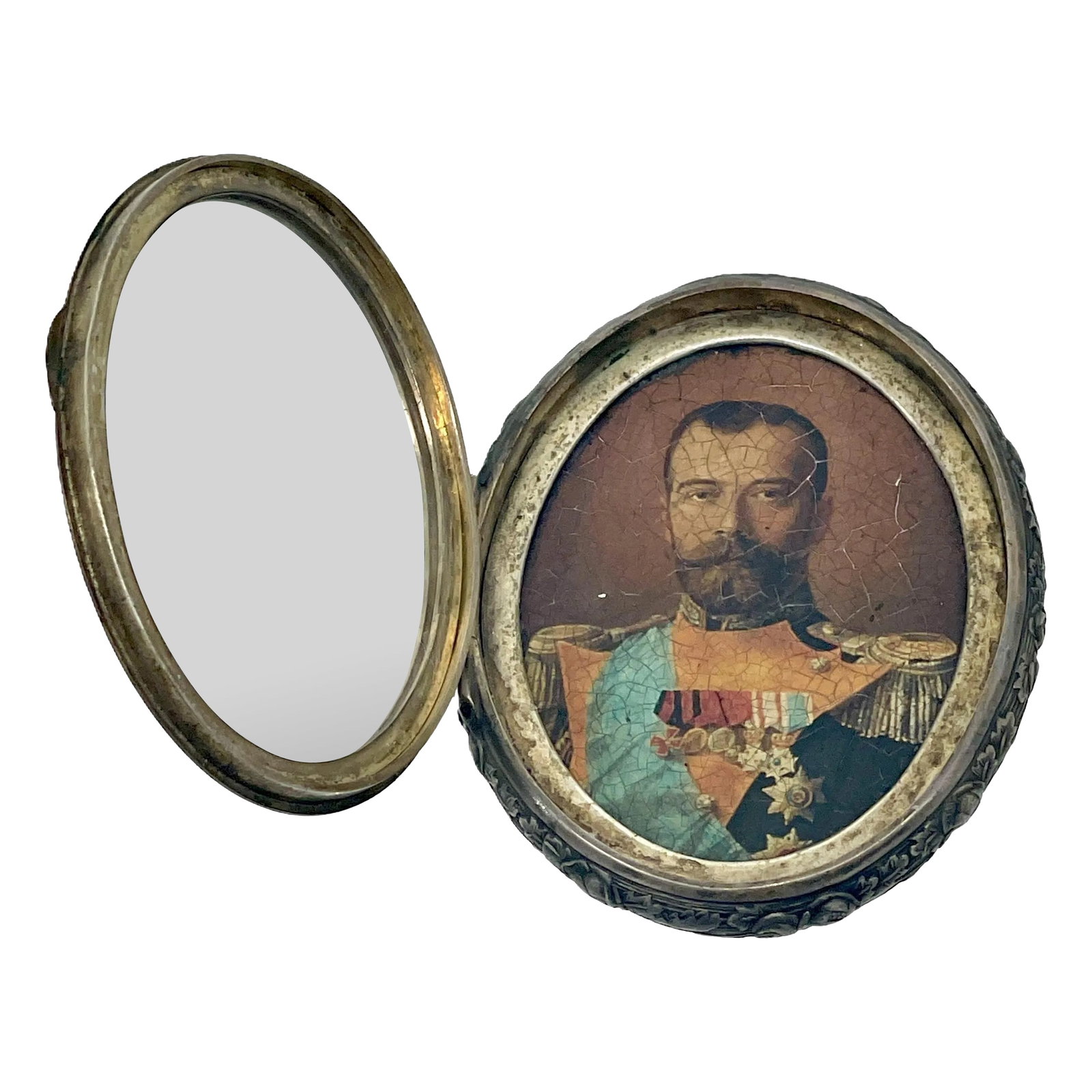 Czar Nicholas II Silver Portrait: An exceptional Objet'd'Art, a Russian Silver 1913 Commemorative Travel Icon, is a poignant tribute to the reign of Czar Nicholas II. Made in 1913 to commemorate the Great Pilgrimage of Emperor Nichola