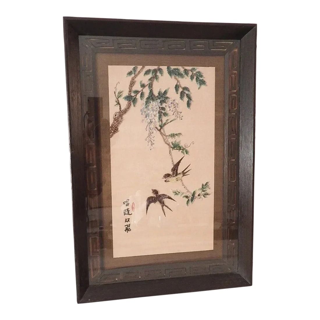 Vintage Chinese Taiwanese Aviary Floral Seed Landscape Painting Artwork Collage: This marvelous vintage 1960s Chinese artwork collage is created in a gorgeous display of dyed to color seeds on linen, in the subject of birds flying around foliage. This unique piece has a black