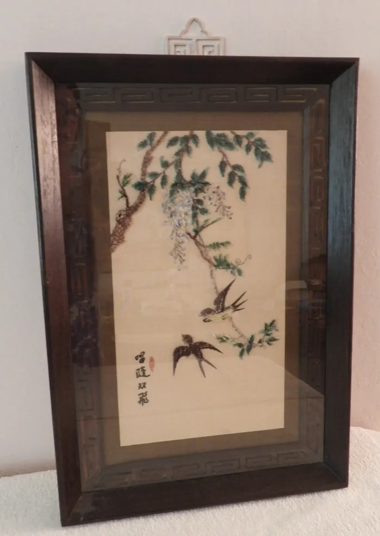 Vintage Chinese Taiwanese Aviary Floral Seed Landscape Painting Artwork Collage - 2