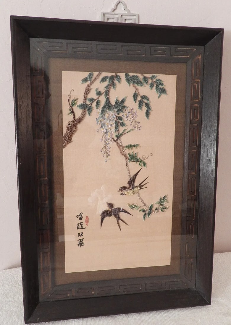 Vintage Chinese Taiwanese Aviary Floral Seed Landscape Painting Artwork Collage - 4