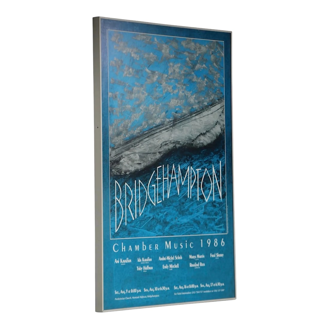 Vintage Bridgehampton Chamber Music Poster C 1986: Nice vintage poster from the Hamptons, specifically Bridgehampton Chamber 1986. This example is in excellent original condition, nicely framed, free of damage or repair. Condition: Alterations: