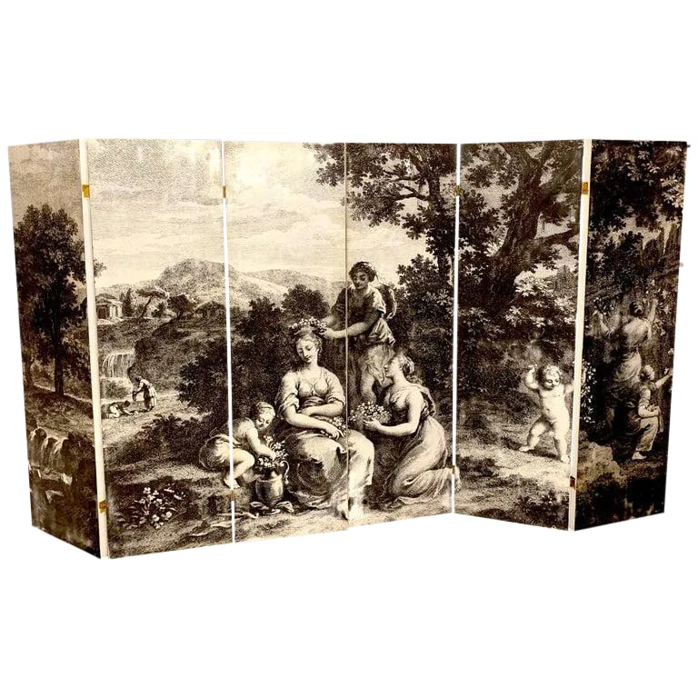 Mid 20th Century Italian Fornasetti Style Six-Panel Neoclassical Black and White Screen: Italian Fornasetti style six-panel neoclassical black and white screen, in two parts. Decorated with a continuous neoclassical inhabited landscape on the front, and solid white back Consisting of six 