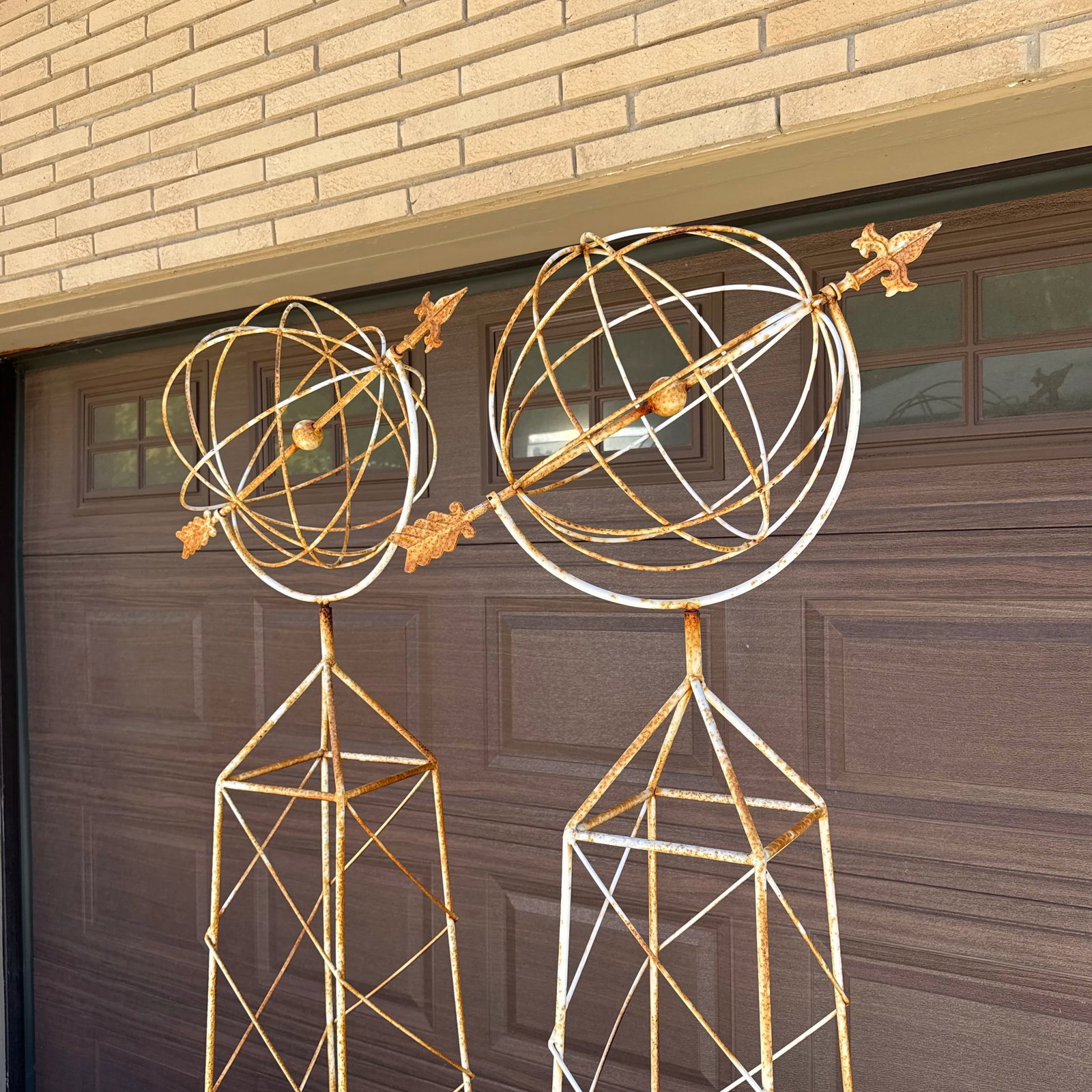 Vintage French Style White Trellis With Spinning Orb and Arrow Garden Statues - a Pair - 11