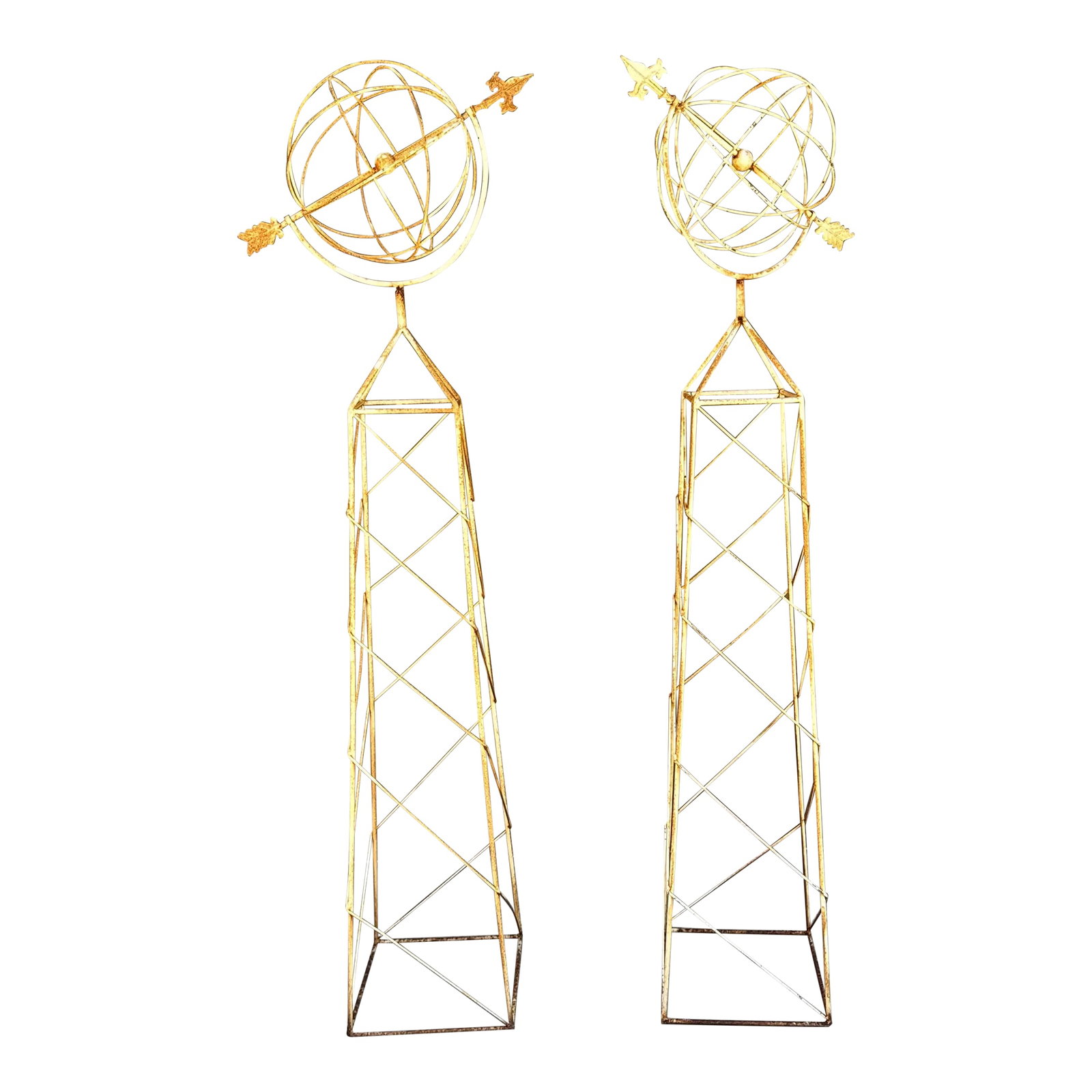 Vintage French Style White Trellis With Spinning Orb and Arrow Garden Statues - a Pair: Add a unique piece of wrought iron garden yard art, with this Sundial topiary in several heights. Condition: Alterations: Original Condition Unaltered Imperfections: Some Imperfections Condition