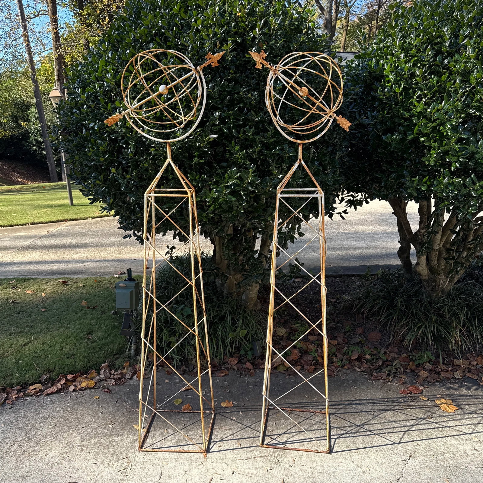 Vintage French Style White Trellis With Spinning Orb and Arrow Garden Statues - a Pair - 2