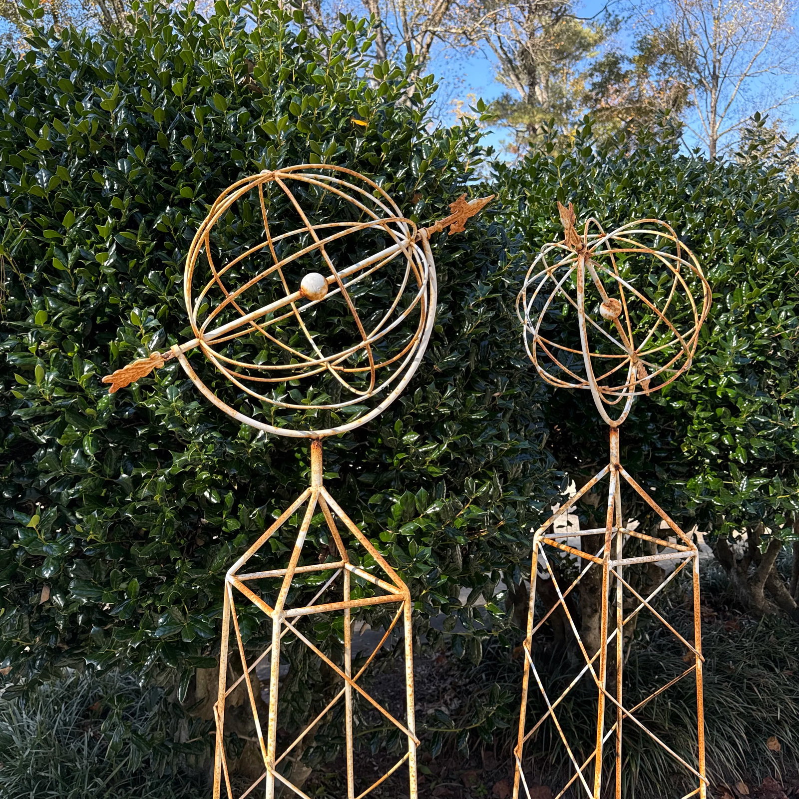 Vintage French Style White Trellis With Spinning Orb and Arrow Garden Statues - a Pair - 3