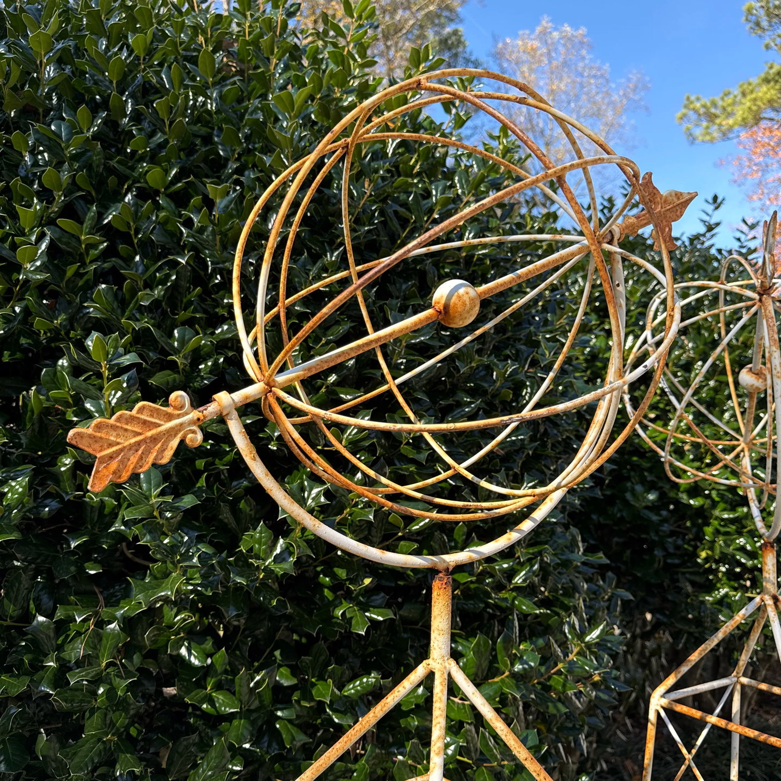 Vintage French Style White Trellis With Spinning Orb and Arrow Garden Statues - a Pair - 4